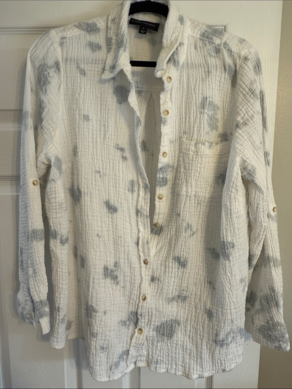 White Cotton Button-Down with Light Gray Tie-Dye